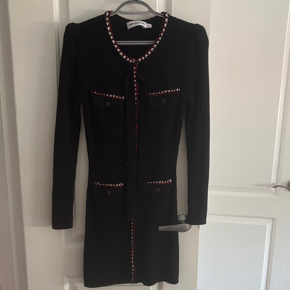 Self-Portrait Black Knit Cardigan with Red Trim